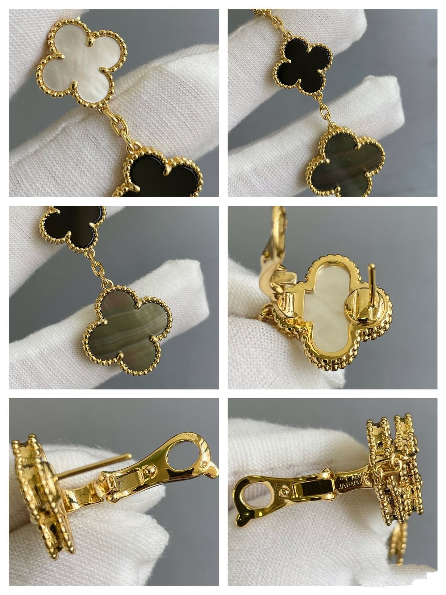 [BloomBling]CLOVER 3 MOTIF MOP ONYX DARK MOP PINK GOLD EARRINGS