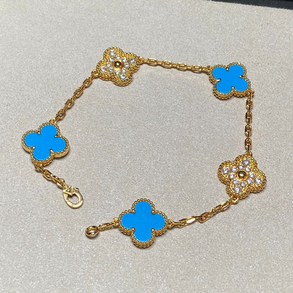 [BloomBling]CLOVER 5 MOTIF BLUE CHALCEDONY DIAMOND GOLD BRACELET