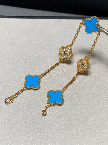[BloomBling]CLOVER 5 MOTIF BLUE CHALCEDONY DIAMOND GOLD BRACELET
