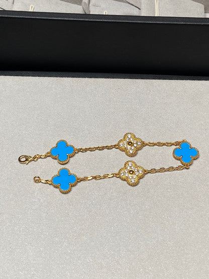 [BloomBling]CLOVER 5 MOTIF BLUE CHALCEDONY DIAMOND GOLD BRACELET