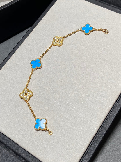 [BloomBling]CLOVER 5 MOTIF BLUE CHALCEDONY DIAMOND GOLD BRACELET