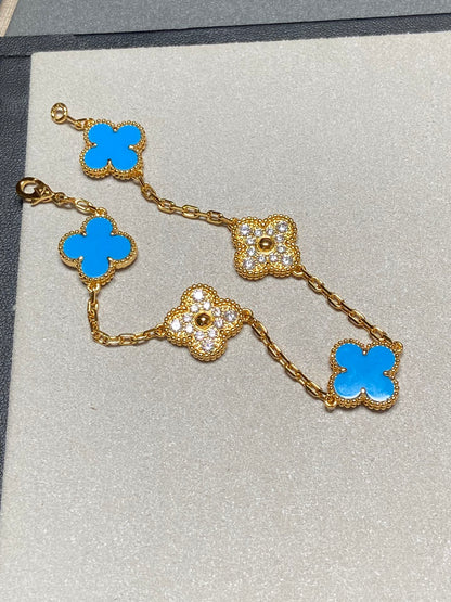 [BloomBling]CLOVER 5 MOTIF BLUE CHALCEDONY DIAMOND GOLD BRACELET