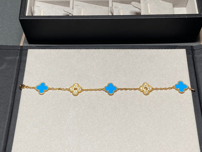 [BloomBling]CLOVER 5 MOTIF BLUE CHALCEDONY DIAMOND GOLD BRACELET