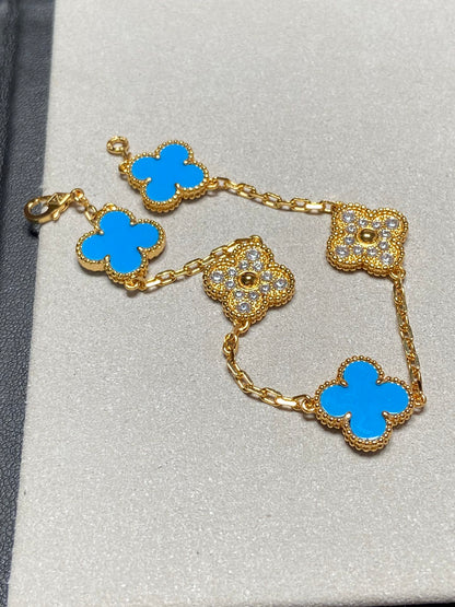 [BloomBling]CLOVER 5 MOTIF BLUE CHALCEDONY DIAMOND GOLD BRACELET