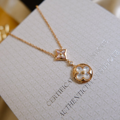 [BloomBling]STAR AND SUN WHITE MOP 2 MOTIF PINK GOLD NECKLACE