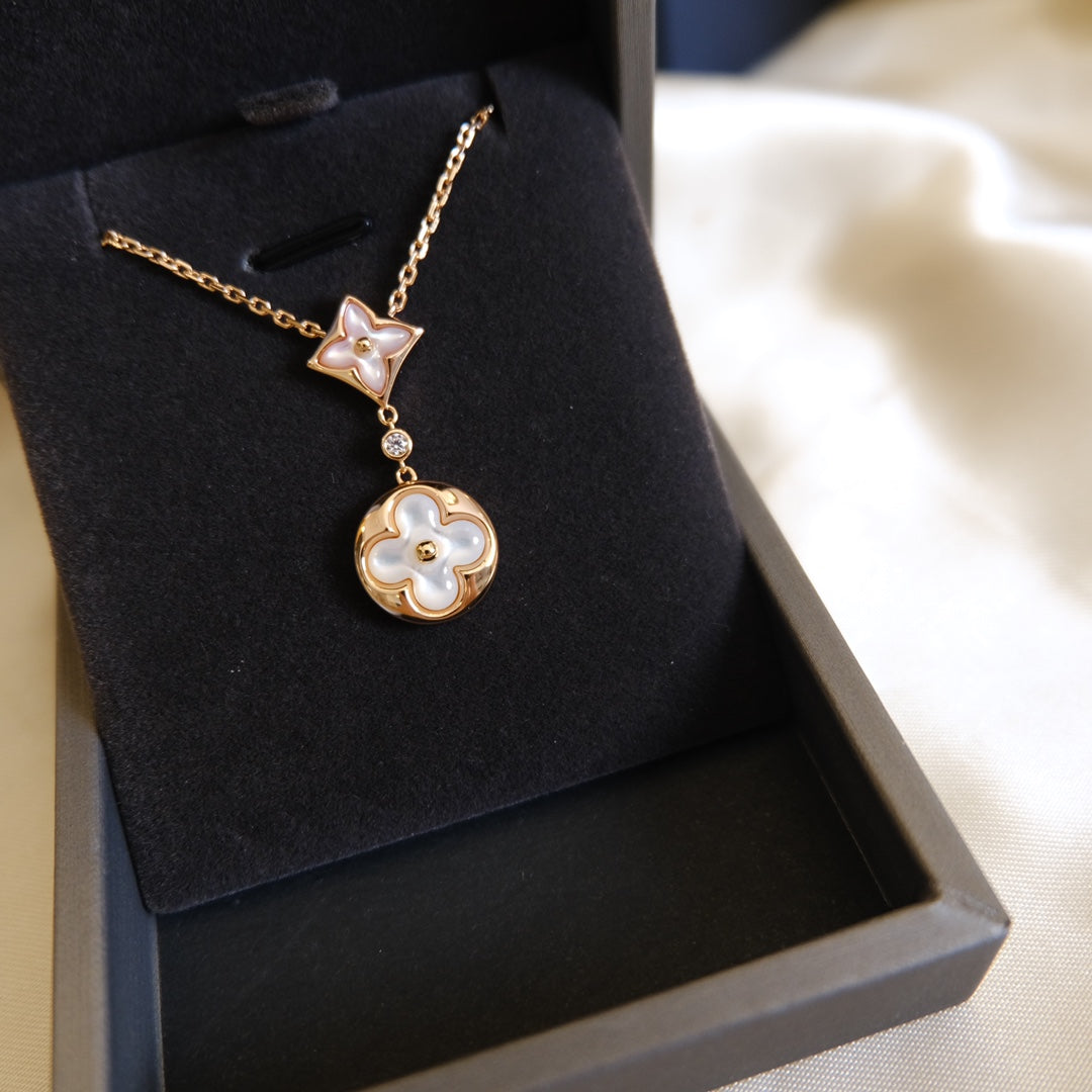 [BloomBling]STAR AND SUN WHITE MOP 2 MOTIF PINK GOLD NECKLACE