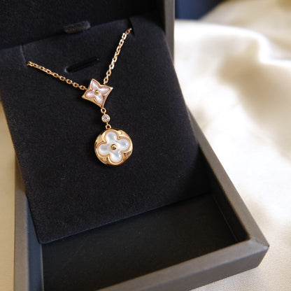 [BloomBling]STAR AND SUN WHITE MOP 2 MOTIF PINK GOLD NECKLACE