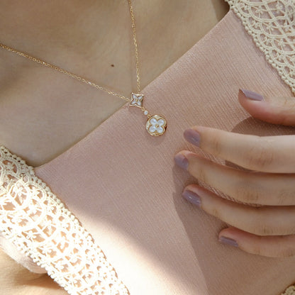 [BloomBling]STAR AND SUN WHITE MOP 2 MOTIF PINK GOLD NECKLACE