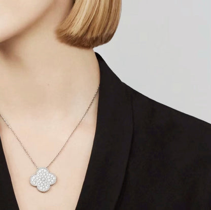 [BloomBling]CLOVER 25MM LARGE PENDANT DIAMOND PAVED SILVER NECKLACE