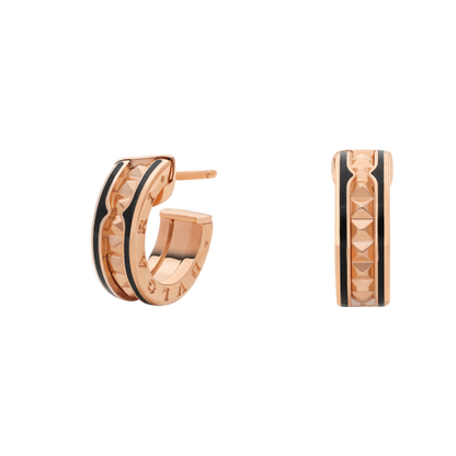 [BloomBling]ZERO 1 ROCK PINK GOLD EARRINGS WITH STUDDED SPIRAL AND BLACK CERAMIC