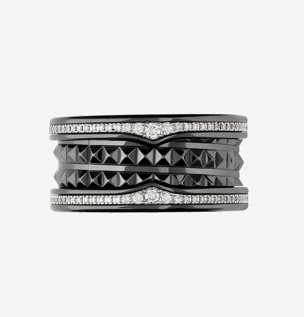 [BloomBling]ZERO 1 ROCK FOUR-BAND BLACK CERAMIC WITH STUDDED SPIRAL AND PAVED DIAMONDS RING