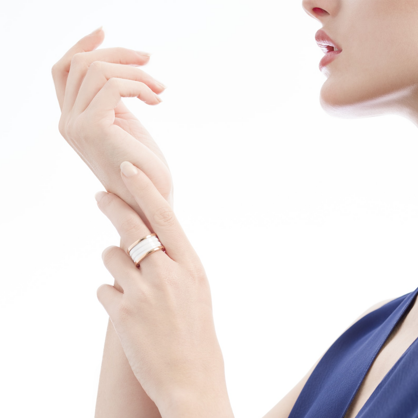 [BloomBling]ZERO 1 FOUR-BAND LOOPS AND WHITE CERAMIC SPIRAL PINK GOLD RING