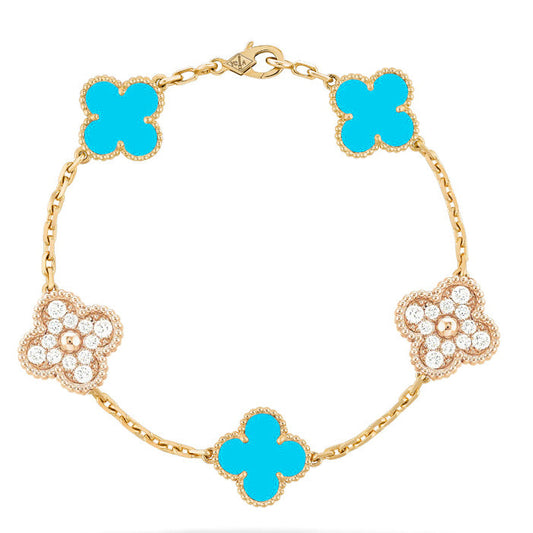 [BloomBling]CLOVER 5 MOTIF TURQUOISE DIAMOND GOLD BRACELET