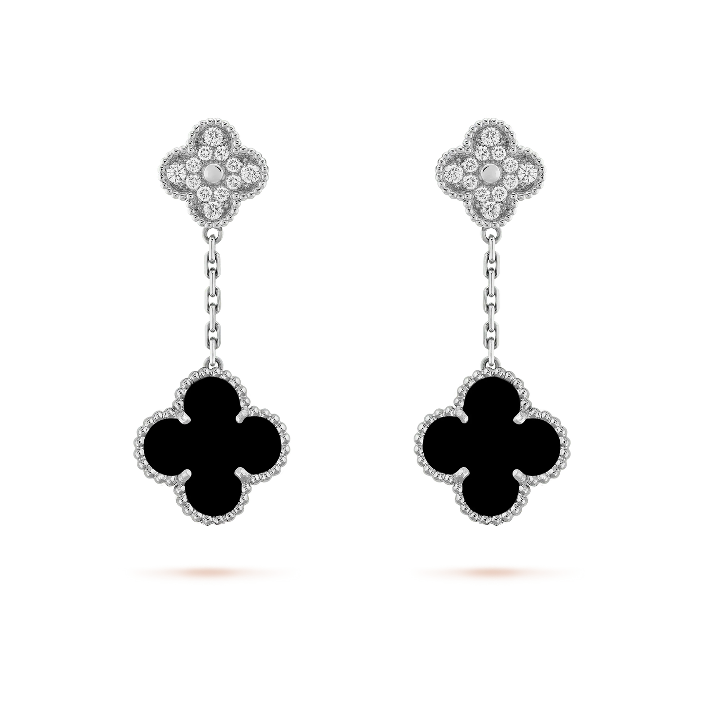 [BloomBling]CLOVER 2 MOTIFS  DIAMOND ONYX EARRINGS SILVER
