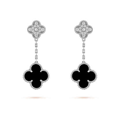 [BloomBling]CLOVER 2 MOTIFS  DIAMOND ONYX EARRINGS SILVER