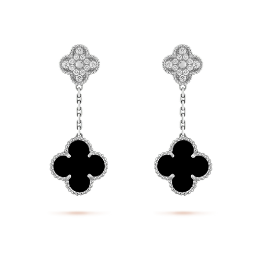 [BloomBling]CLOVER 2 MOTIFS  DIAMOND ONYX EARRINGS SILVER