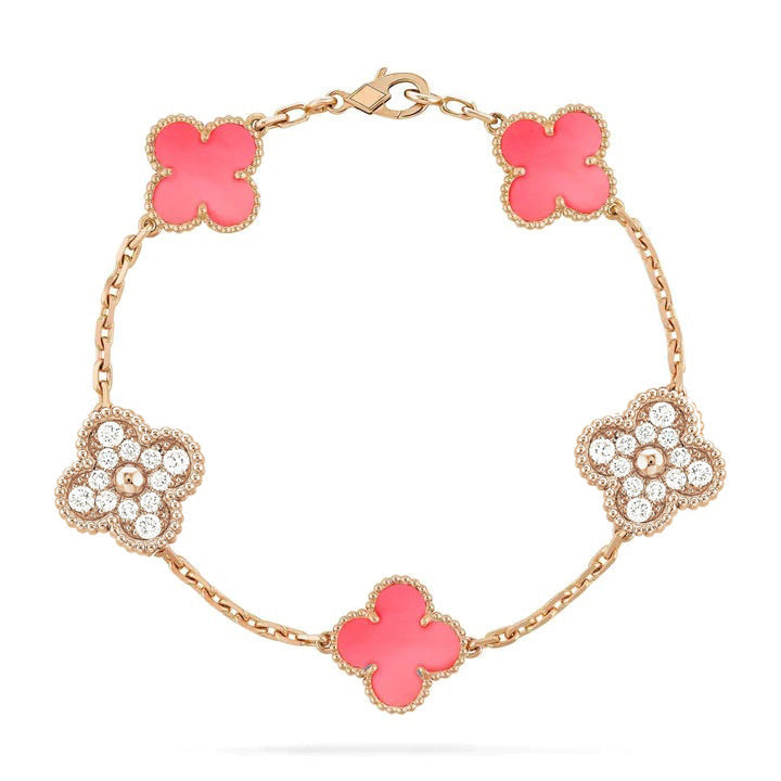 [BloomBling]CLOVER 5 MOTIF DIAMOND PINK MOP PINK GOLD BRACELET