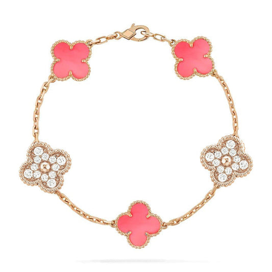 [BloomBling]CLOVER 5 MOTIF DIAMOND PINK MOP PINK GOLD BRACELET