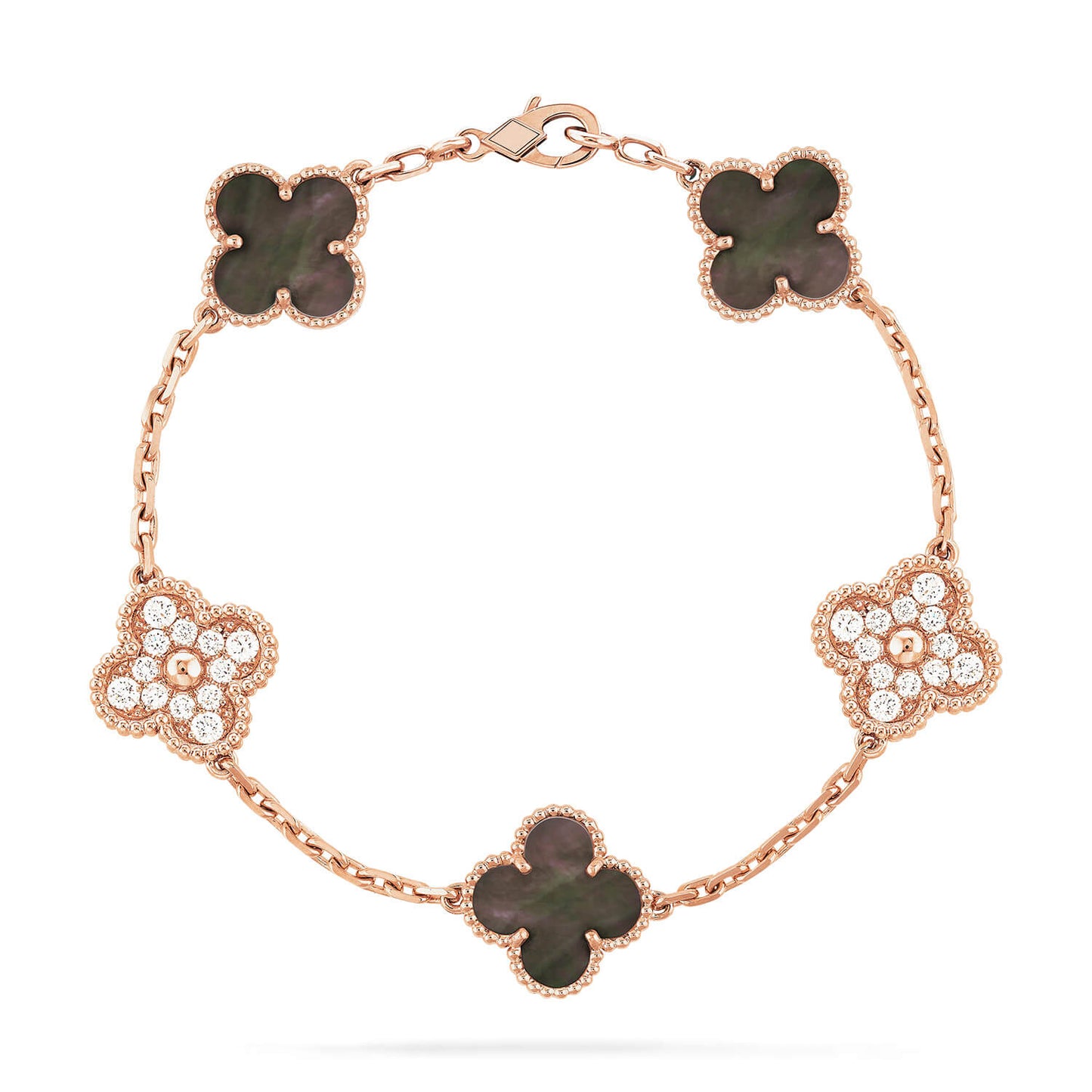 [BloomBling]CLOVER 5 MOTIFS DARK MOP AND DIAMONDS PINK GOLD BRACELET