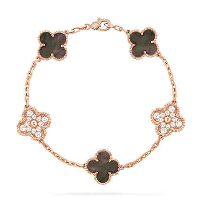 [BloomBling]CLOVER 5 MOTIFS DARK MOP AND DIAMONDS PINK GOLD BRACELET