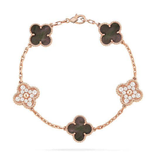 [BloomBling]CLOVER 5 MOTIFS DARK MOP AND DIAMONDS PINK GOLD BRACELET