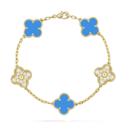 [BloomBling]CLOVER 5 MOTIF BLUE CHALCEDONY DIAMOND GOLD BRACELET