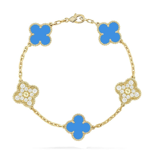 [BloomBling]CLOVER 5 MOTIF BLUE CHALCEDONY DIAMOND GOLD BRACELET