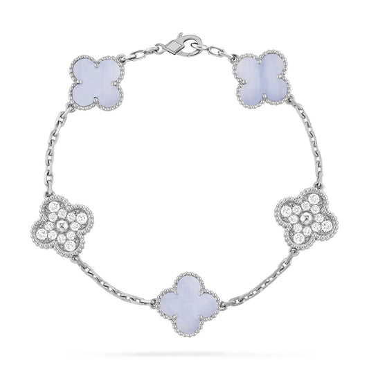 [BloomBling]CLOVER  5 MOTIF DIAMOND PURPLE CHALCEDONY BRACELET SILVER