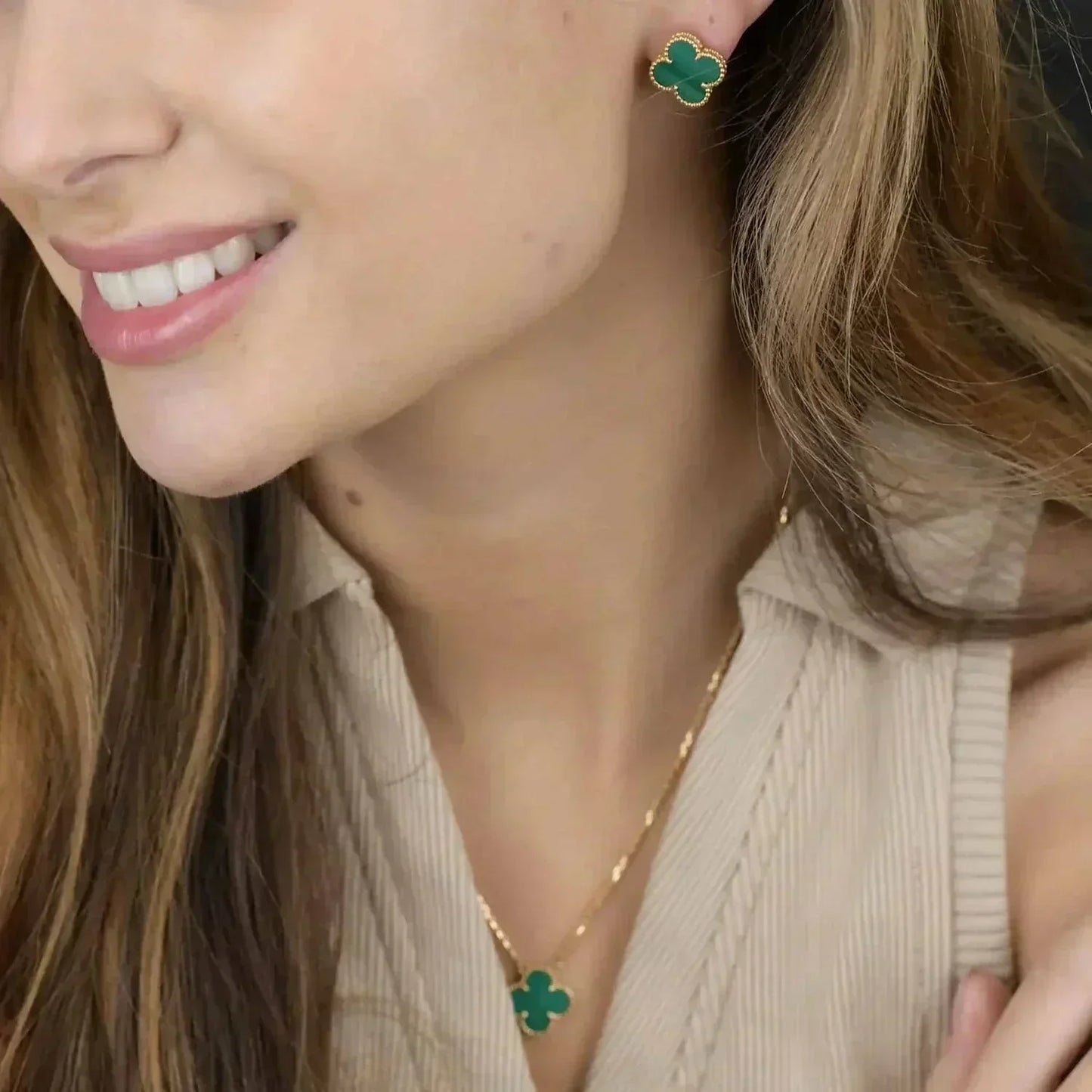 [BloomBling]CLOVER MINI 9.5MM MALACHITE  EARRINGS