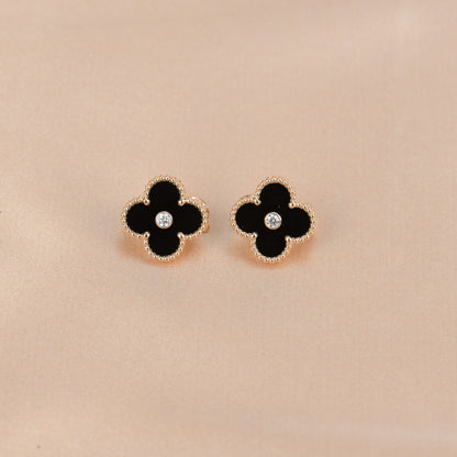 [BloomBling]CLOVER MEDIUM 1 MOTIFS ONYX DIAMOND EARRINGS