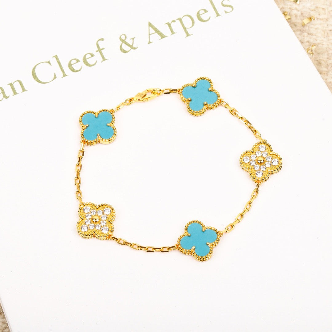 [BloomBling]CLOVER 5 MOTIF TURQUOISE DIAMOND GOLD BRACELET