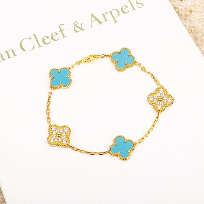 [BloomBling]CLOVER 5 MOTIF TURQUOISE DIAMOND GOLD BRACELET