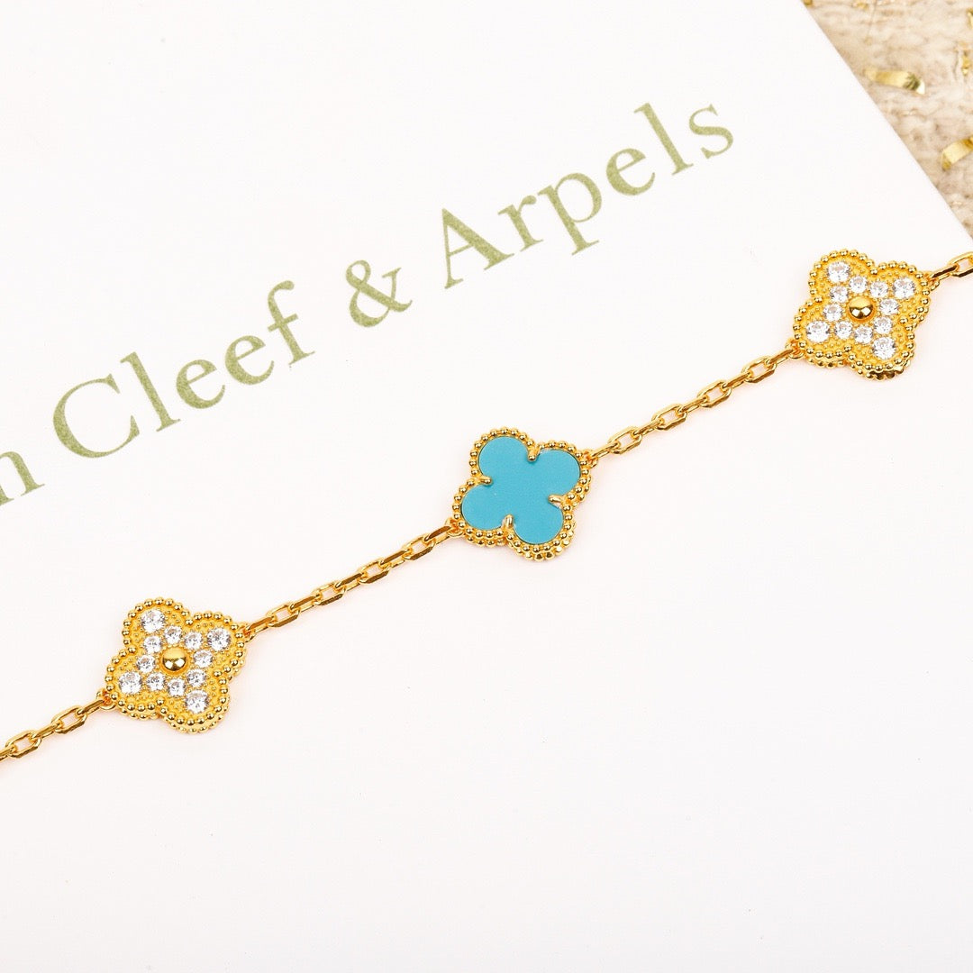 [BloomBling]CLOVER 5 MOTIF TURQUOISE DIAMOND GOLD BRACELET