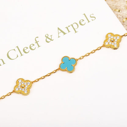 [BloomBling]CLOVER 5 MOTIF TURQUOISE DIAMOND GOLD BRACELET