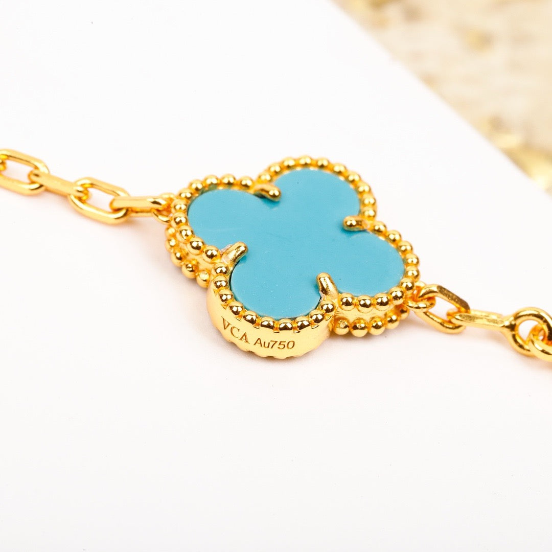 [BloomBling]CLOVER 5 MOTIF TURQUOISE DIAMOND GOLD BRACELET