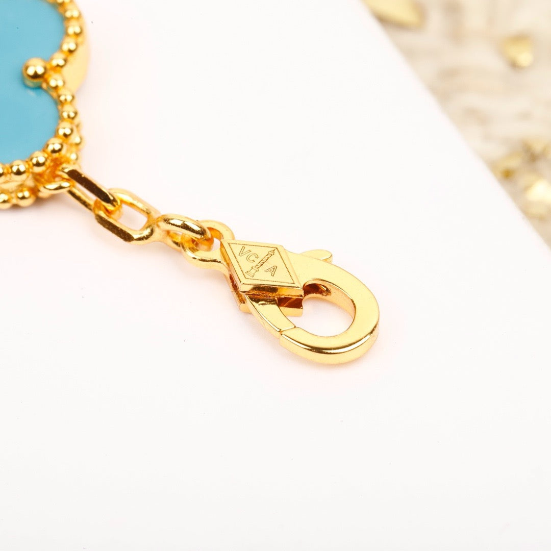 [BloomBling]CLOVER 5 MOTIF TURQUOISE DIAMOND GOLD BRACELET