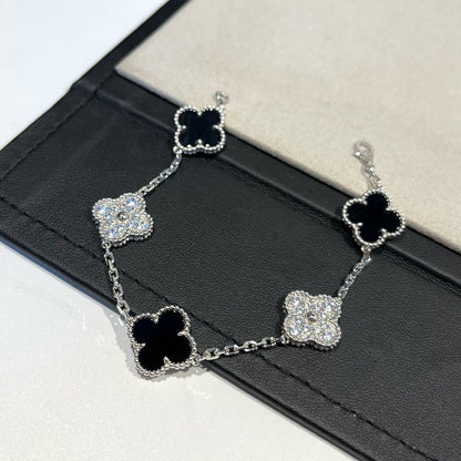 [BloomBling]CLOVER 5 MOTIF ONYXS DIAMOND BRACELET SILVER