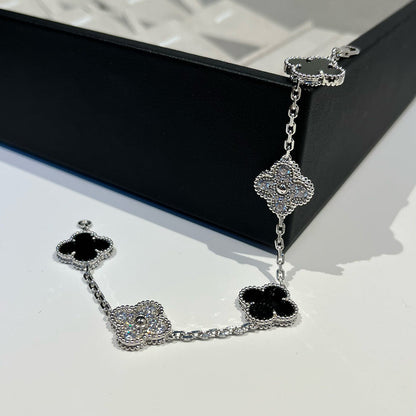 [BloomBling]CLOVER 5 MOTIF ONYXS DIAMOND BRACELET SILVER