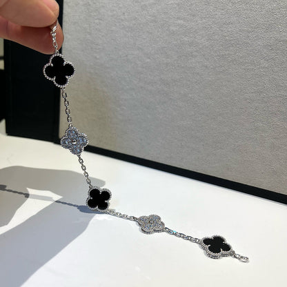 [BloomBling]CLOVER 5 MOTIF ONYXS DIAMOND BRACELET SILVER