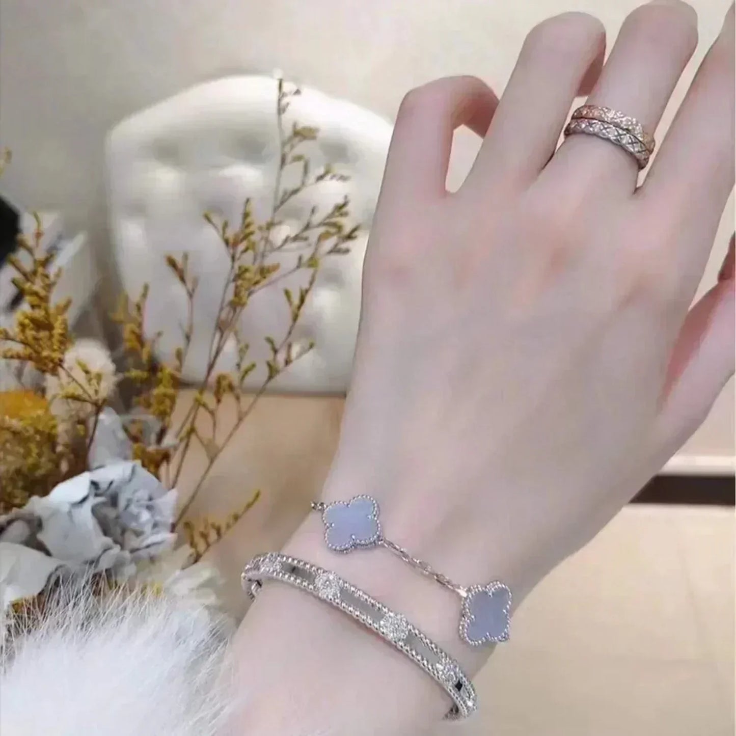 [BloomBling]CLOVER  5 MOTIF PURPLE CHALCEDONY BRACELET SILVER
