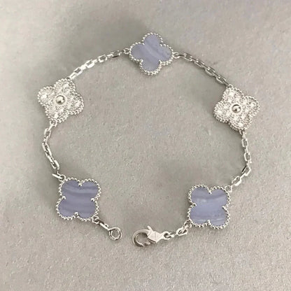[BloomBling]CLOVER  5 MOTIF DIAMOND PURPLE CHALCEDONY BRACELET SILVER