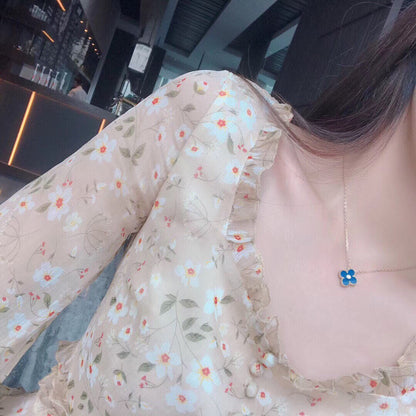 [BloomBling]CLOVER 15MM DIAMOND AND BLUE AGATE NECKLACE