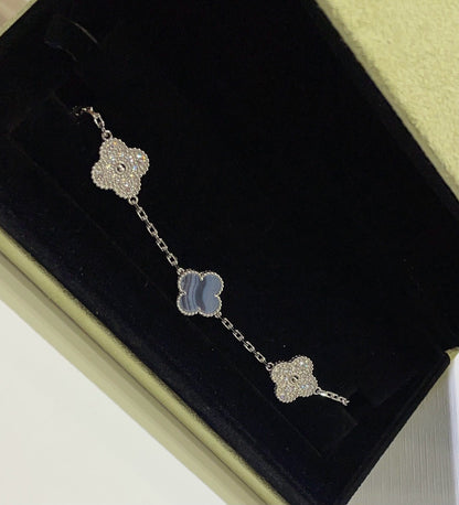 [BloomBling]CLOVER  5 MOTIF DIAMOND PURPLE CHALCEDONY BRACELET SILVER