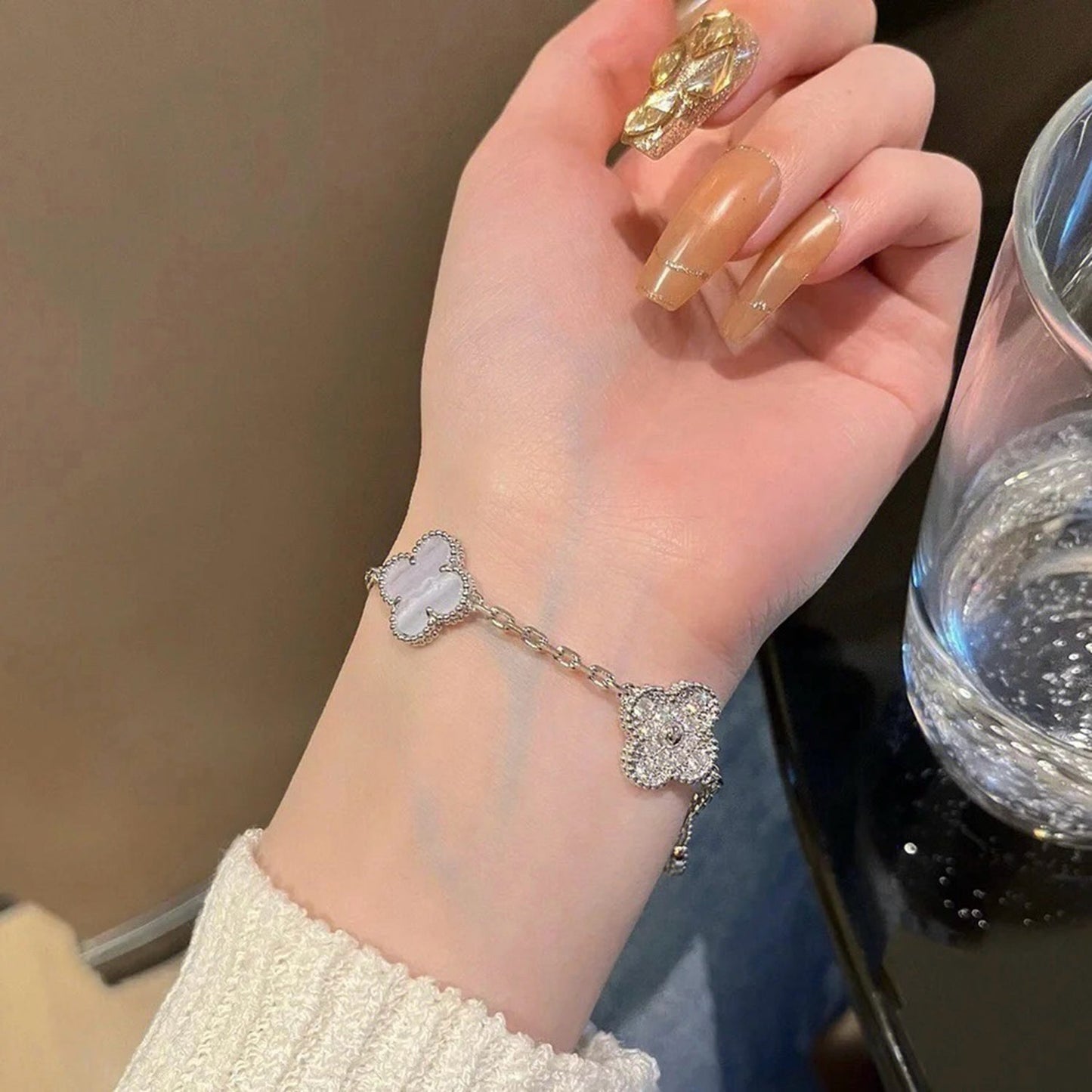 [BloomBling]CLOVER  5 MOTIF DIAMOND PURPLE CHALCEDONY BRACELET SILVER