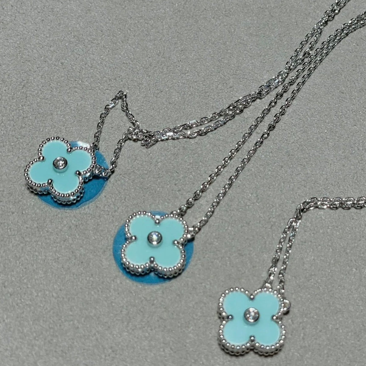 [BloomBling]CLOVER 1 DIAMOND LIGHT BLUE SILVER NECKLACE
