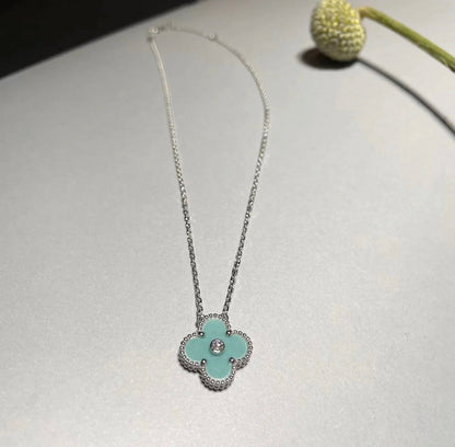 [BloomBling]CLOVER 1 DIAMOND LIGHT BLUE SILVER NECKLACE
