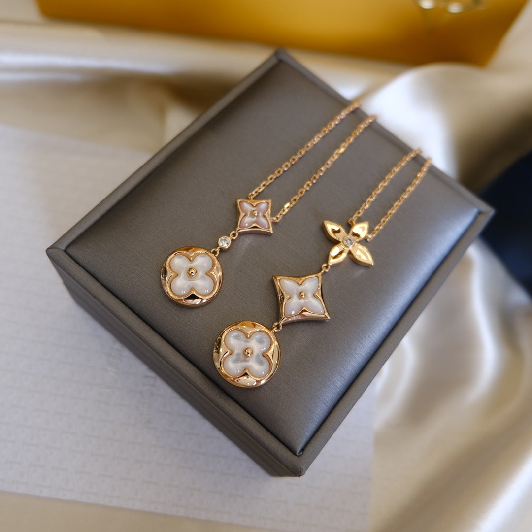 [BloomBling]COLOR BLOSSOM LARIAT NECKLACE PINK GOLD WHITE MOTHER PEARL AND DIAMOND