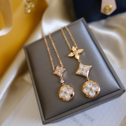 [BloomBling]COLOR BLOSSOM LARIAT NECKLACE PINK GOLD WHITE MOTHER PEARL AND DIAMOND
