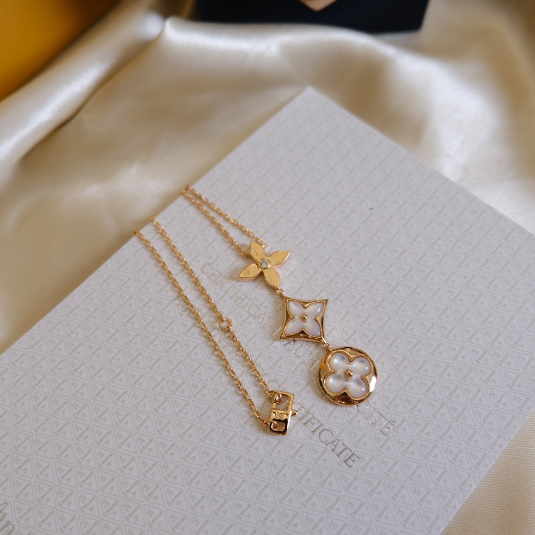 [BloomBling]COLOR BLOSSOM LARIAT NECKLACE PINK GOLD WHITE MOTHER PEARL AND DIAMOND