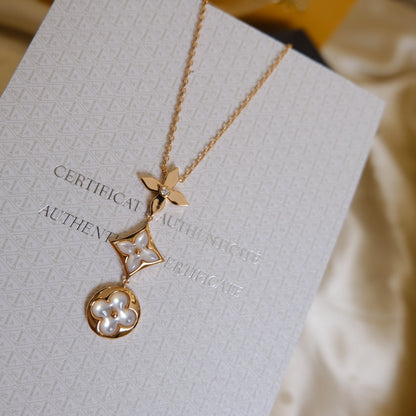 [BloomBling]COLOR BLOSSOM LARIAT NECKLACE PINK GOLD WHITE MOTHER PEARL AND DIAMOND